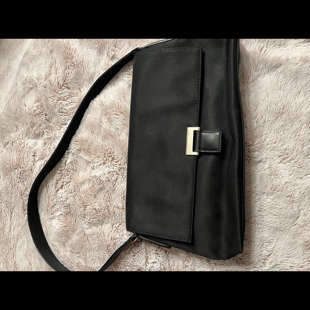 Black material clutch with strap